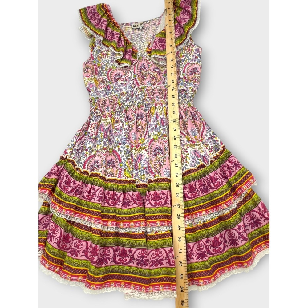 Anthropologie Barok Paris Dress S Pink Paisley Boho Peasant Smocked Ruffle Min - Picture 12 of 12